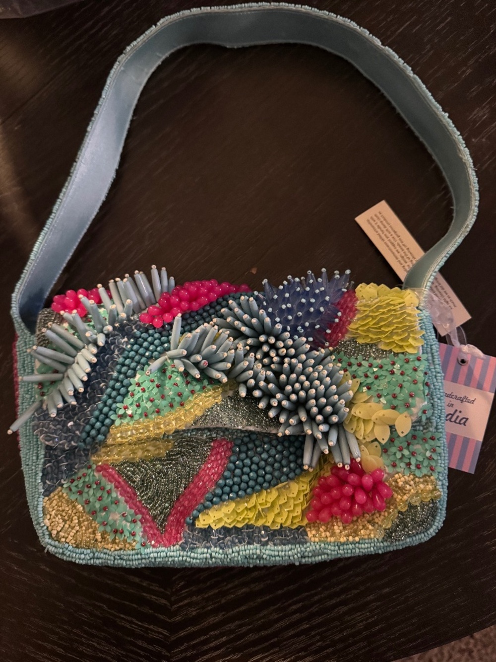 NWT - Handcrafted by India - Multicolor Beaded Shoulder Bag Aqua Pink
